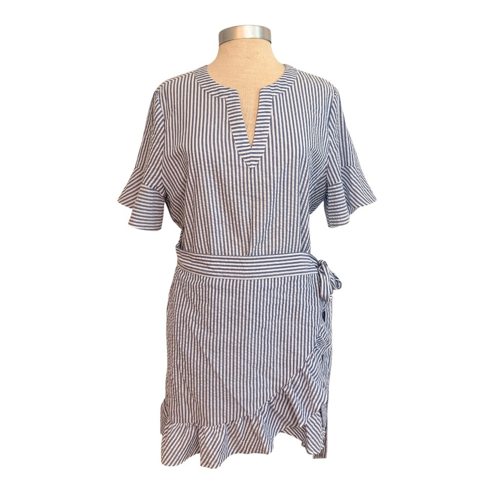 Vineyard Vines Seersucker Wrap Dress Blue White Striped Ocean Reef WomensSize 14
